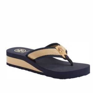 Tory Burch Sandals: Blue and Tan Wedge Heel, size 7